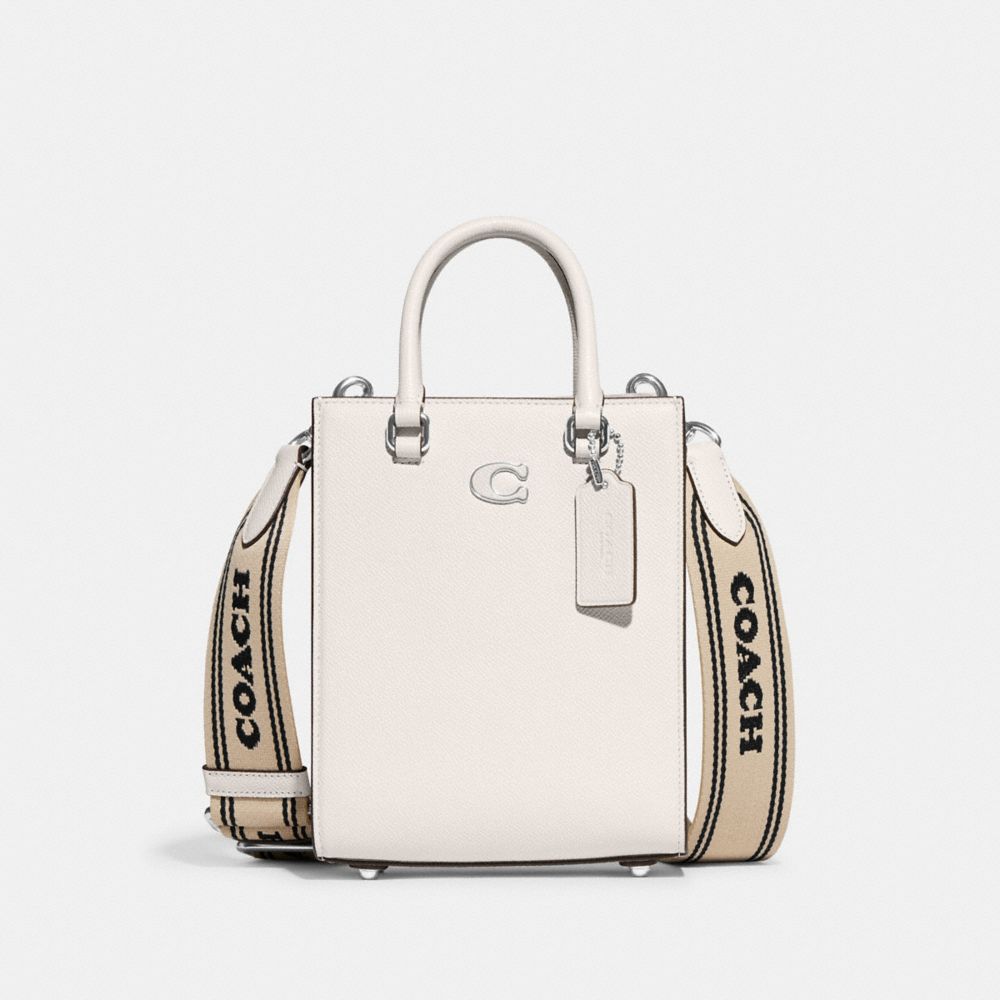 COACH®,TOTE 16 WITH SIGNATURE CANVAS DETAIL,Crossgrain Leather,Medium,Chalk,Front View image number 0