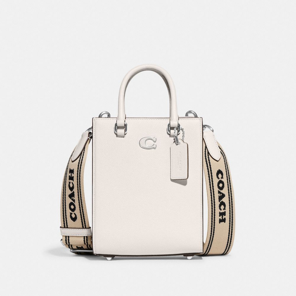 COACH®,TOTE 16 WITH SIGNATURE CANVAS DETAIL,Crossgrain Leather,Medium,Chalk,Front View