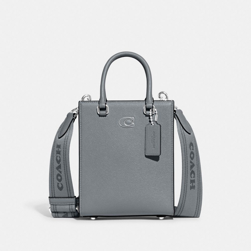 COACH®,TOTE 16 WITH SIGNATURE CANVAS DETAIL,Crossgrain Leather,Medium,Grey Blue,Front View image number 0