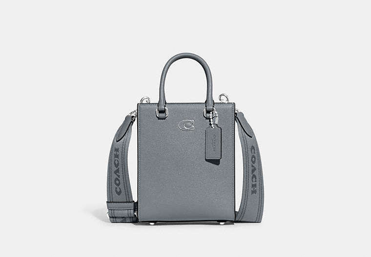 COACH®,TOTE 16 WITH SIGNATURE CANVAS DETAIL,Crossgrain Leather,Medium,Grey Blue,Front View image number 0