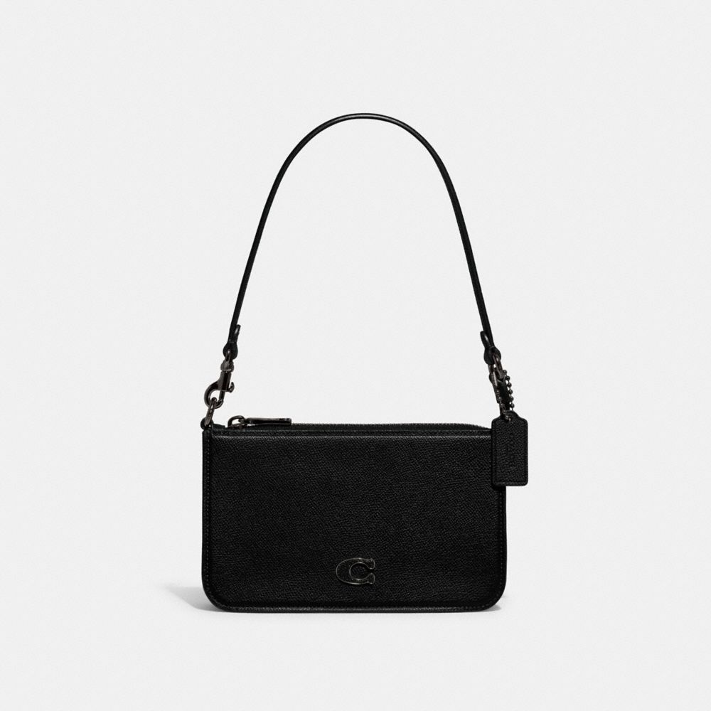 COACH®,POUCH BAG WITH SIGNATURE CANVAS,Crossgrain Leather,Mini,Black,Front View image number 0