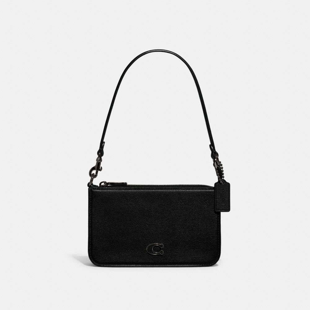 COACH®,POUCH BAG WITH SIGNATURE CANVAS,Crossgrain Leather,Mini,Black,Front View