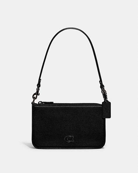 COACH®,POUCH BAG WITH SIGNATURE CANVAS,Crossgrain Leather,Mini,Black,Front View
