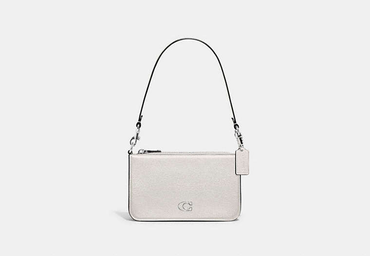 COACH®,POUCH BAG WITH SIGNATURE CANVAS,Crossgrain Leather,Mini,Chalk,Front View image number 0