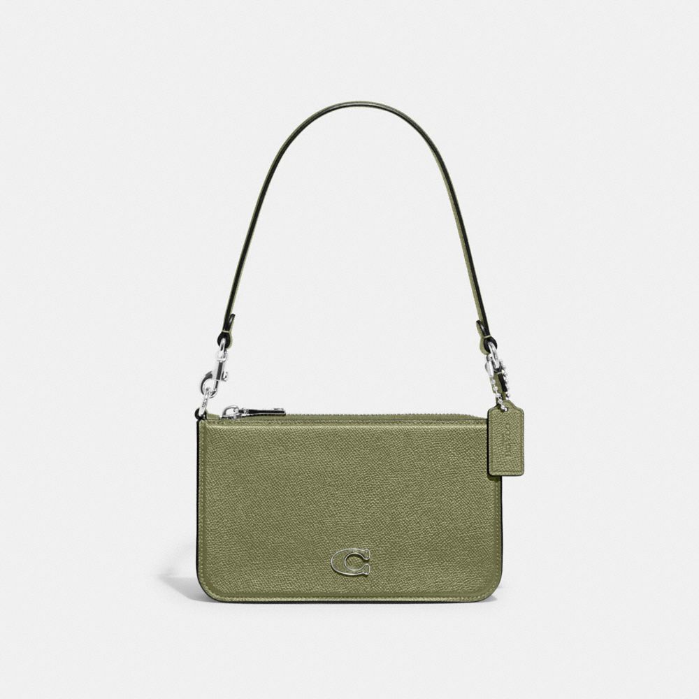 COACH®,POUCH BAG WITH SIGNATURE CANVAS,Crossgrain Leather,Mini,Moss,Front View