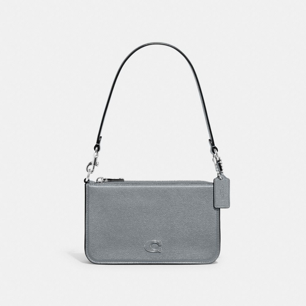COACH®,POUCH BAG WITH SIGNATURE CANVAS,Crossgrain Leather,Mini,Grey Blue,Front View