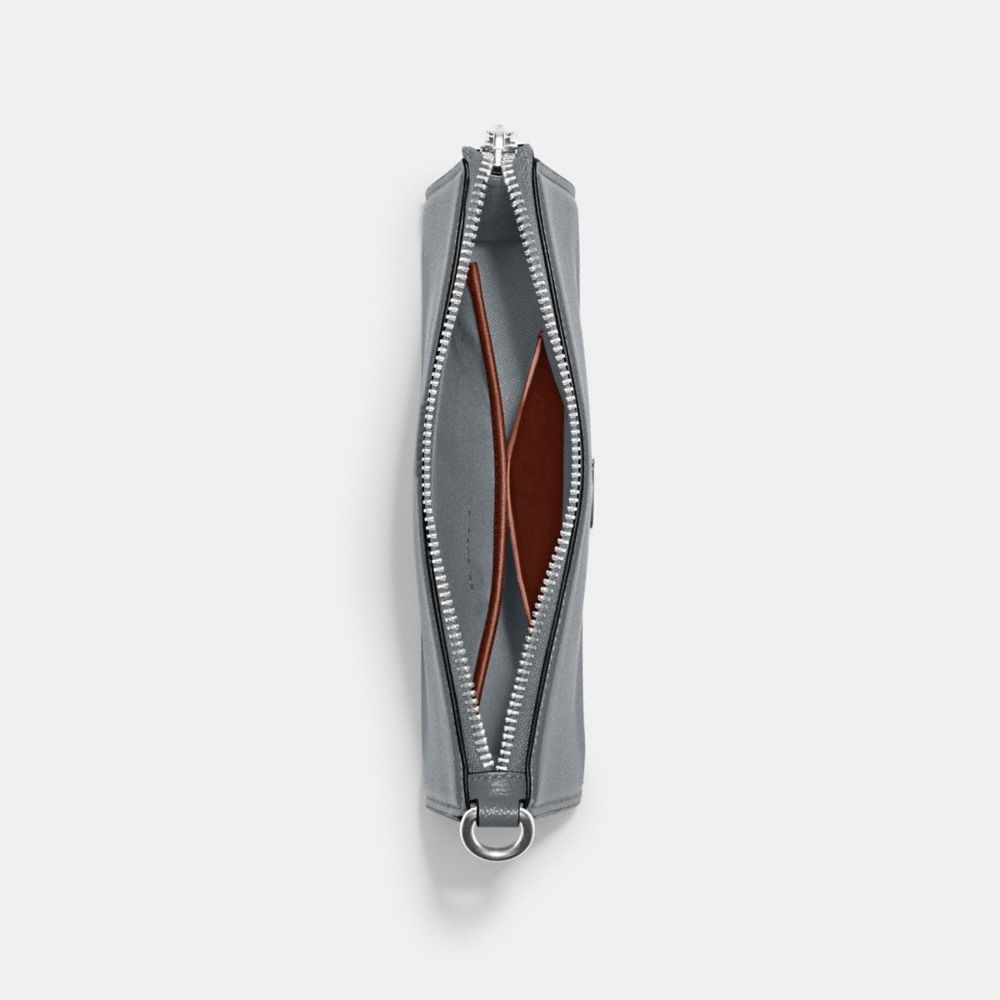 COACH®,Pouch Bag,Cotton,Leather,Pouch,Wristlet,Metal,Engraved Detail,Logo,Scratch Resistant,Silver Metal,Casual,Gray,Inside View,Top View