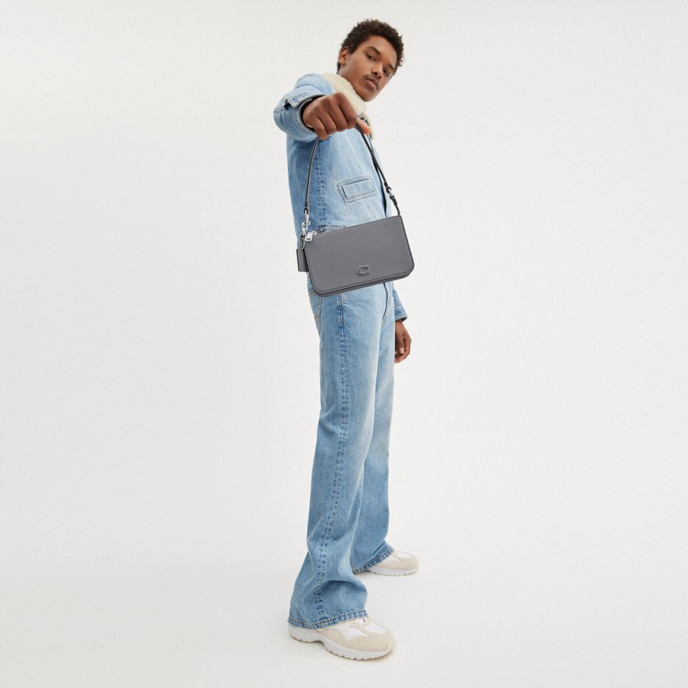 COACH®,Pouch Bag,Cotton,Leather,Pouch,Wristlet,Metal,Engraved Detail,Logo,Scratch Resistant,Silver Metal,Casual,Gray,Detail View