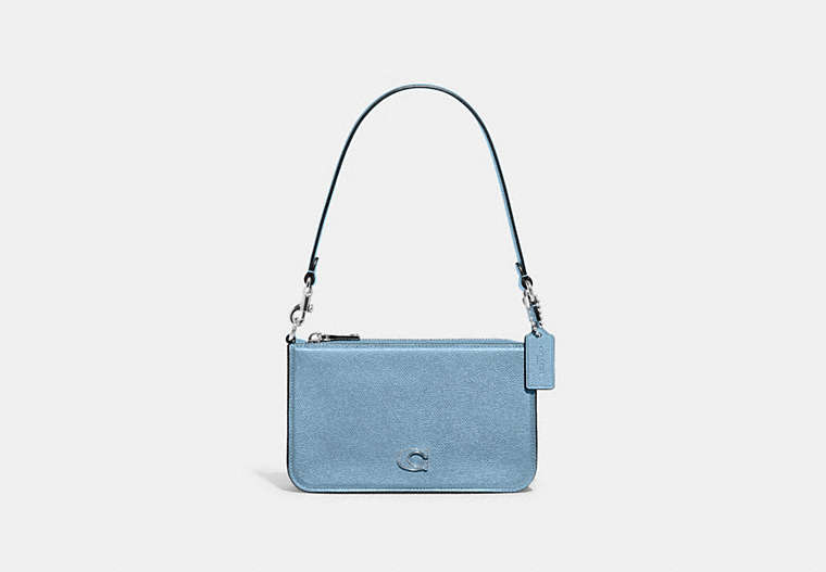 COACH®,POUCH BAG WITH SIGNATURE CANVAS,Crossgrain Leather,Mini,Pool,Front View