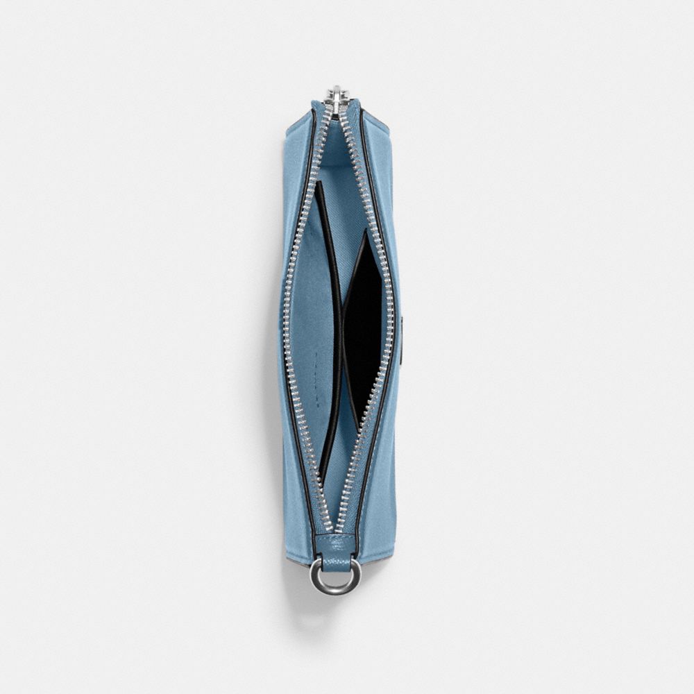 COACH®,Pouch Bag,Cotton,Leather,Pouch,Wristlet,Metal,Engraved Detail,Logo,Scratch Resistant,Silver Metal,Casual,Blue,Inside View,Top View