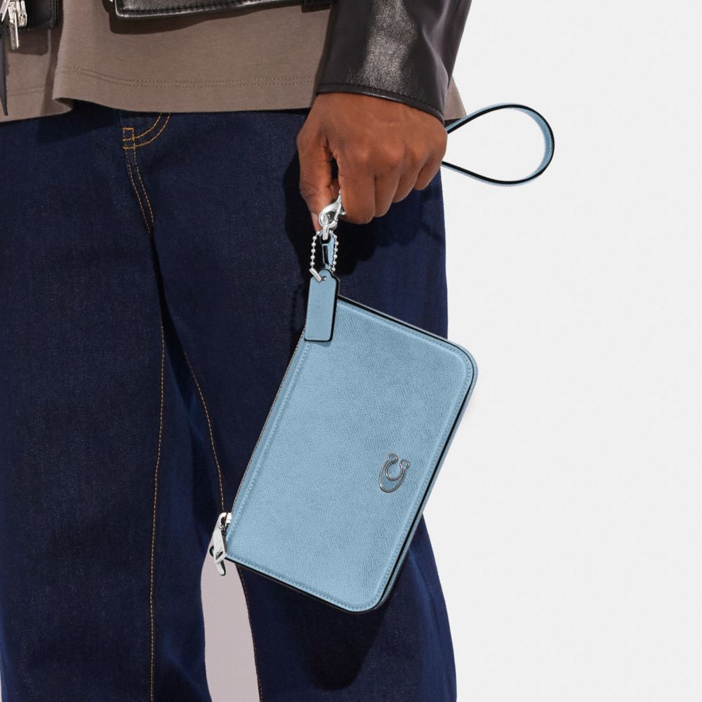 COACH®,Pouch Bag,Cotton,Leather,Pouch,Wristlet,Metal,Engraved Detail,Logo,Scratch Resistant,Silver Metal,Casual,Blue,Detail View