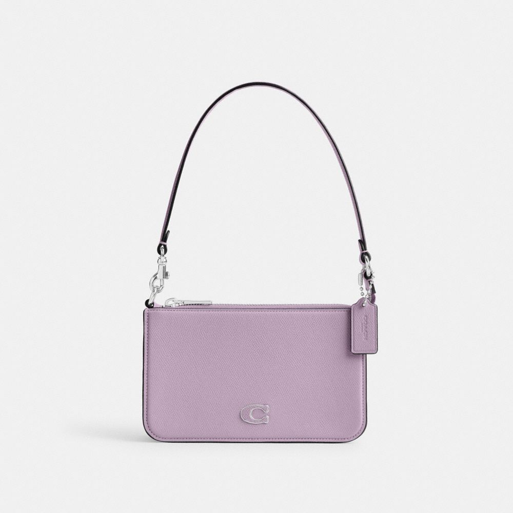 COACH®,POUCH BAG WITH SIGNATURE CANVAS,Crossgrain Leather,Mini,Soft Purple,Front View