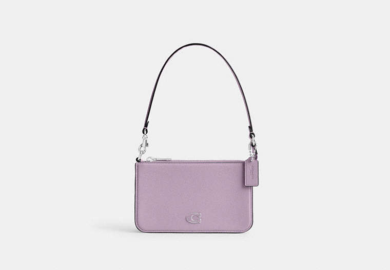 COACH®,POUCH BAG WITH SIGNATURE CANVAS,Crossgrain Leather,Mini,Soft Purple,Front View image number 0