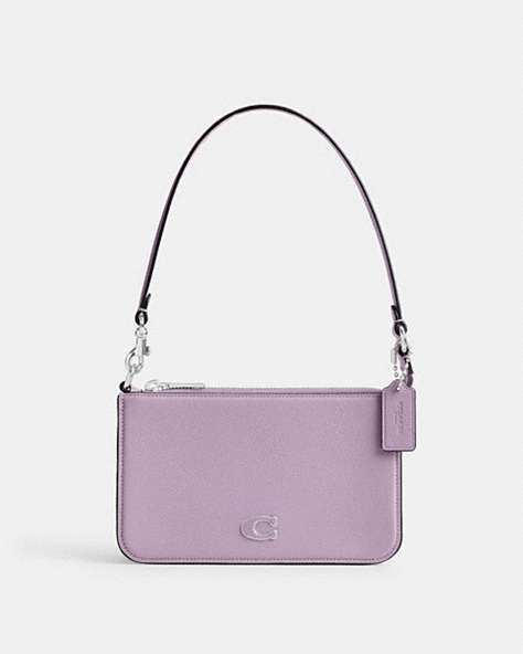 COACH®,POUCH BAG WITH SIGNATURE CANVAS,Crossgrain Leather,Mini,Soft Purple,Front View