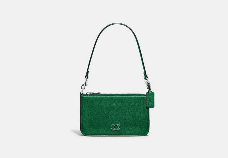 COACH®,POUCH BAG WITH SIGNATURE CANVAS,Crossgrain Leather,Mini,Green,Front View