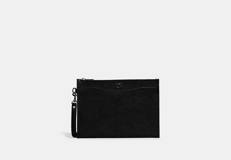 COACH®,POUCH WRISTLET IN CROSSGRAIN LEATHER WITH SIGNATURE CANVAS INTERIOR,Crossgrain Leather,Medium,Black,Front View