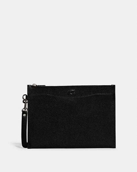 COACH®,POUCH WRISTLET IN CROSSGRAIN LEATHER WITH SIGNATURE CANVAS INTERIOR,Crossgrain Leather,Medium,Black,Front View