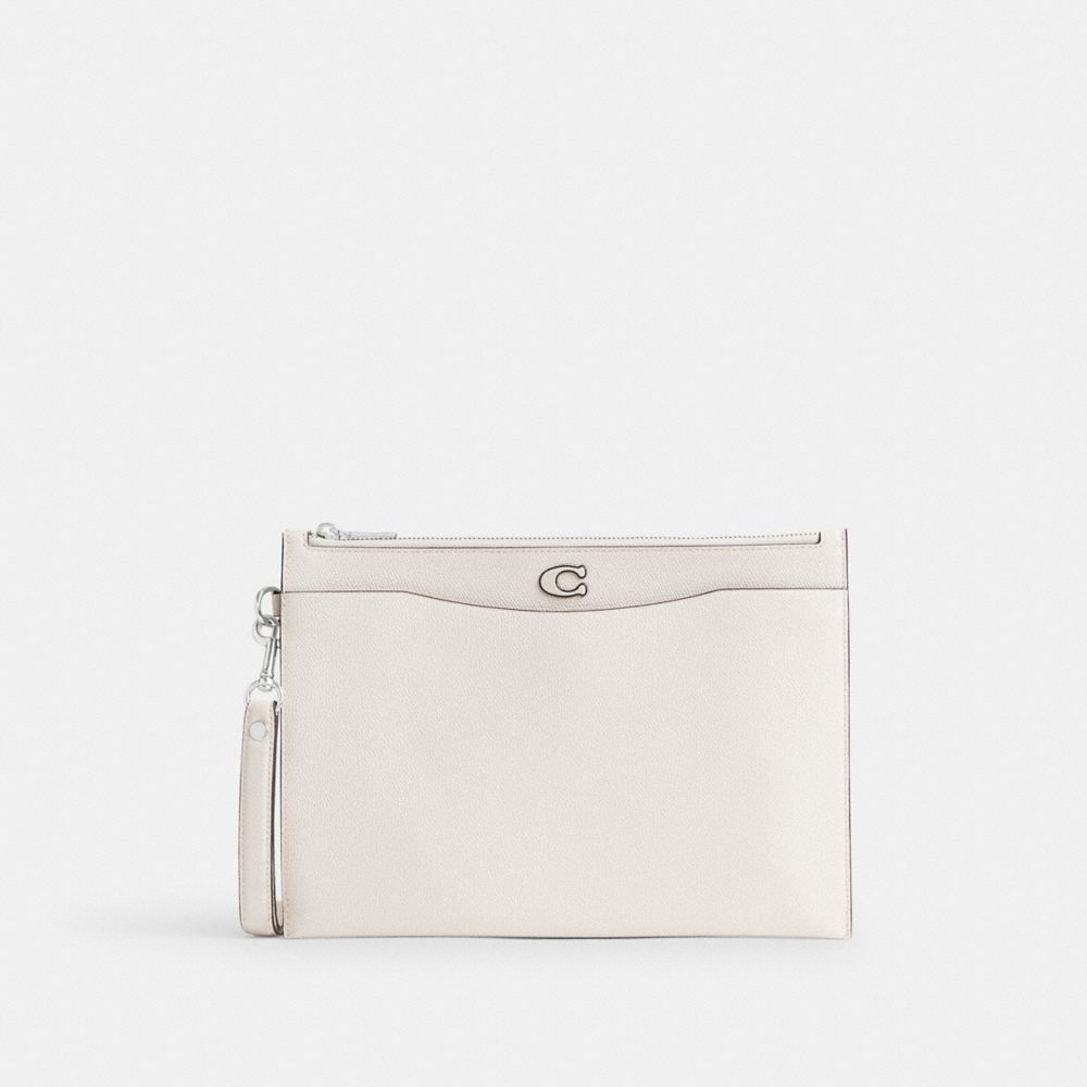 COACH®,POUCH WRISTLET IN CROSSGRAIN LEATHER WITH SIGNATURE CANVAS INTERIOR,Crossgrain Leather,Medium,Chalk,Front View