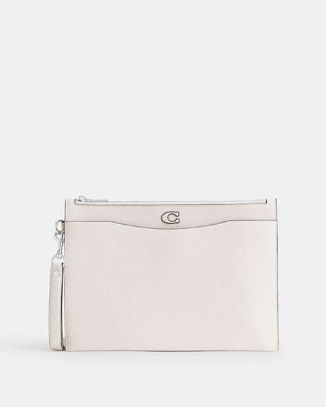 COACH®,POUCH WRISTLET IN CROSSGRAIN LEATHER WITH SIGNATURE CANVAS INTERIOR,Crossgrain Leather,Medium,Chalk,Front View