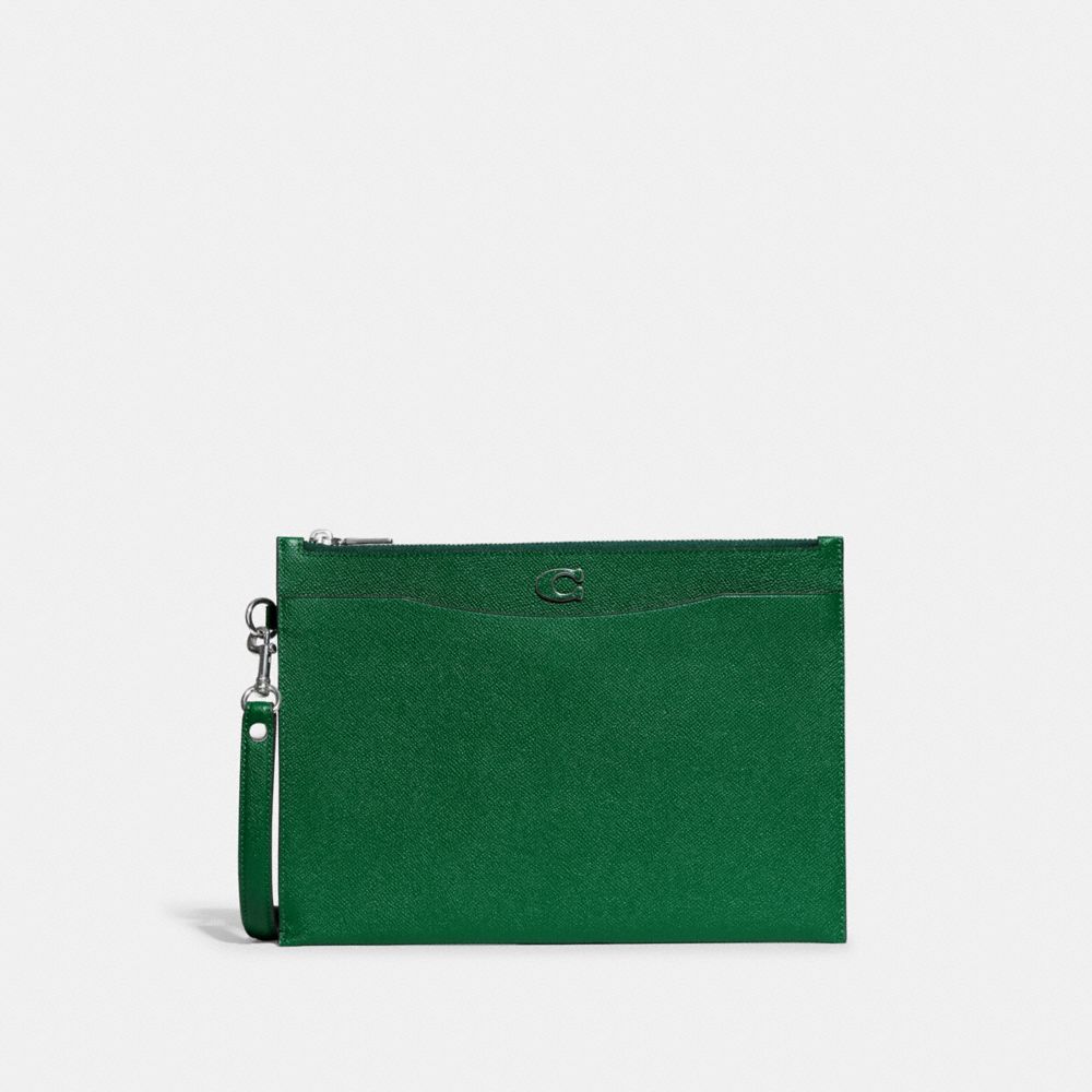 COACH®,POUCH WRISTLET IN CROSSGRAIN LEATHER WITH SIGNATURE CANVAS INTERIOR,Crossgrain Leather,Medium,Green,Front View image number 0