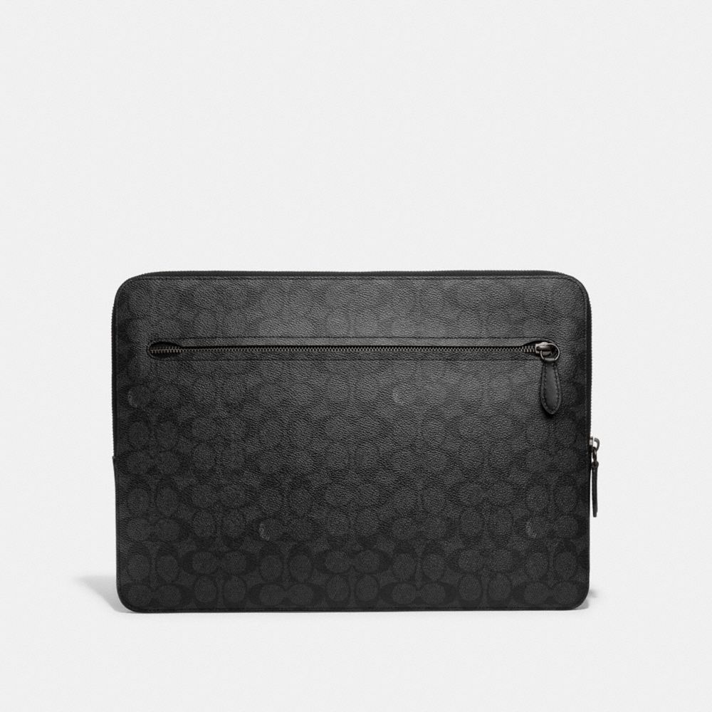 COACH®,ZIP AROUND LAPTOP CASE IN SIGNATURE CANVAS,Signature Coated Canvas,Medium,Charcoal,Front View