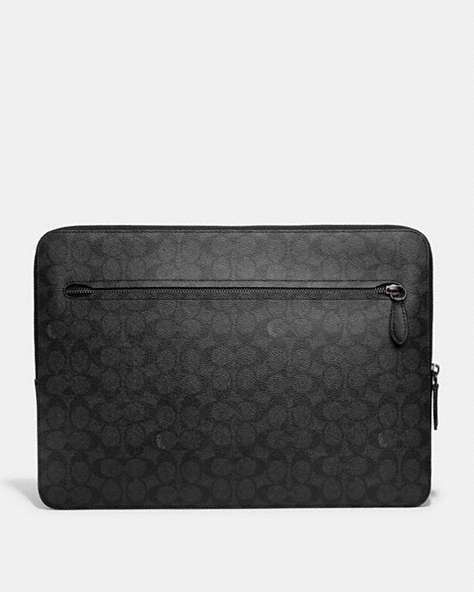 COACH®,ZIP AROUND LAPTOP CASE IN SIGNATURE CANVAS,Signature Coated Canvas,Medium,Charcoal,Front View