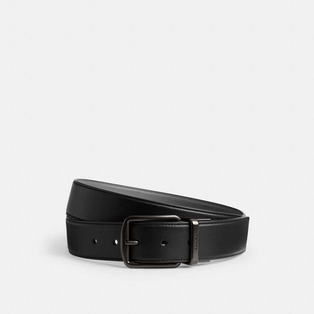 COACH®,Harness Buckle Cut To Size Reversible Belt, 38 Mm,Standard,Engraved Detail,Logo,Reversible,Black Metal,Work,Gray,Black,Front View