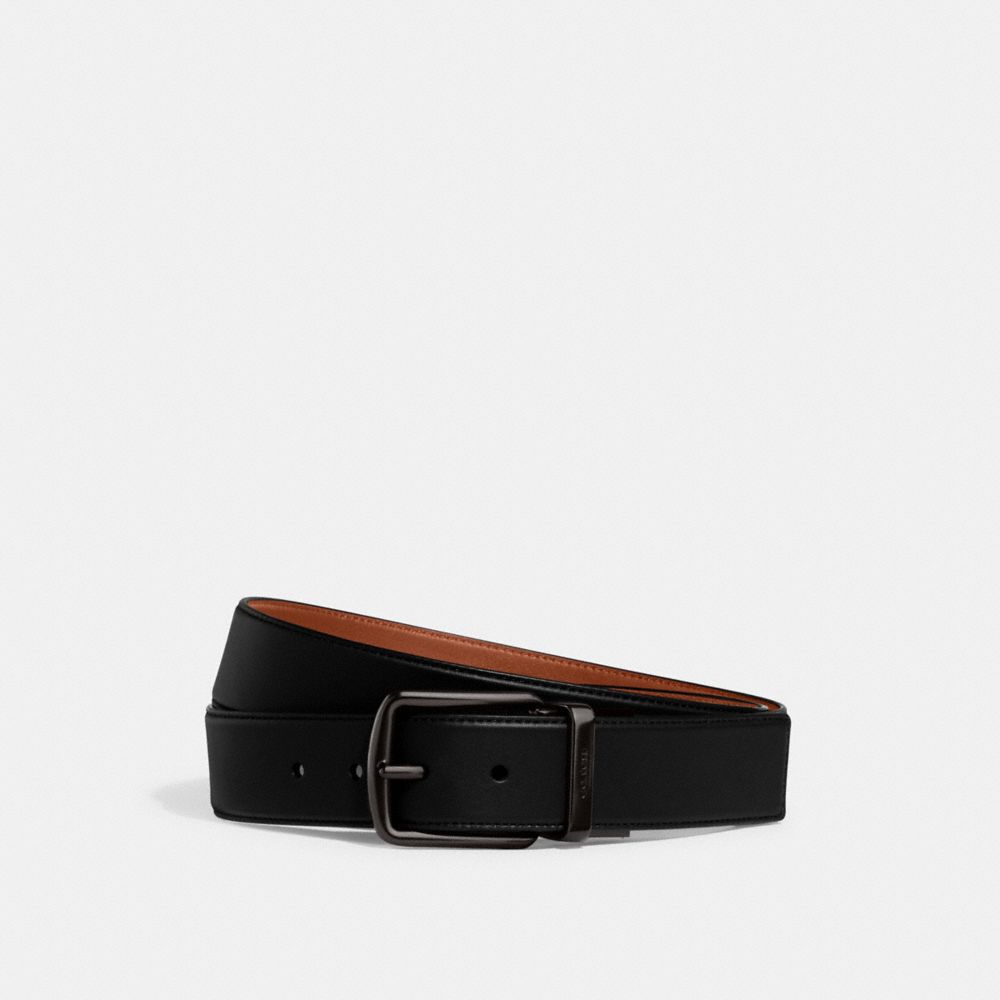 COACH®,HARNESS BUCKLE CUT-TO-SIZE REVERSIBLE BELT, 38MM,Glovetanned Leather,Black/Saddle,Front View