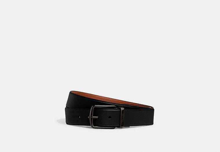 COACH®,HARNESS BUCKLE CUT-TO-SIZE REVERSIBLE BELT, 38MM,Glovetanned Leather,Black/Saddle,Front View