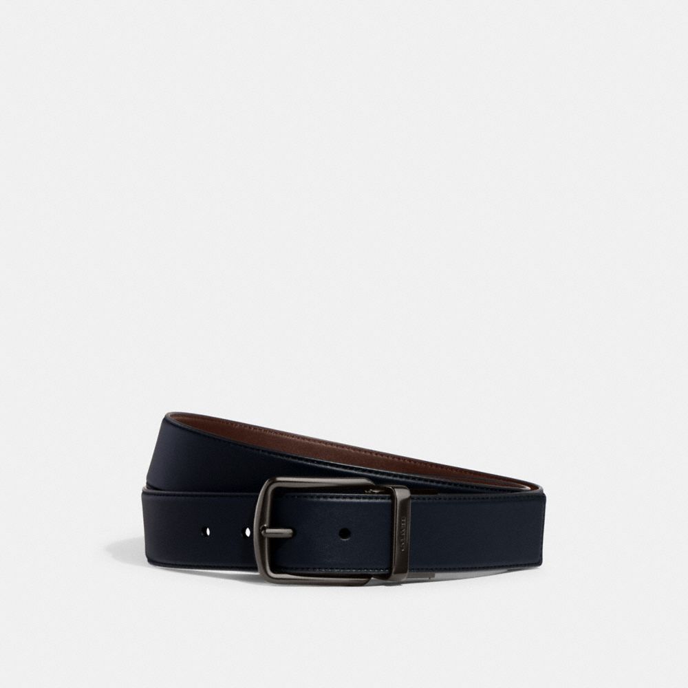 COACH®,HARNESS BUCKLE CUT-TO-SIZE REVERSIBLE BELT, 38MM,Glovetanned Leather,Midnight Navy/Mahogany,Front View