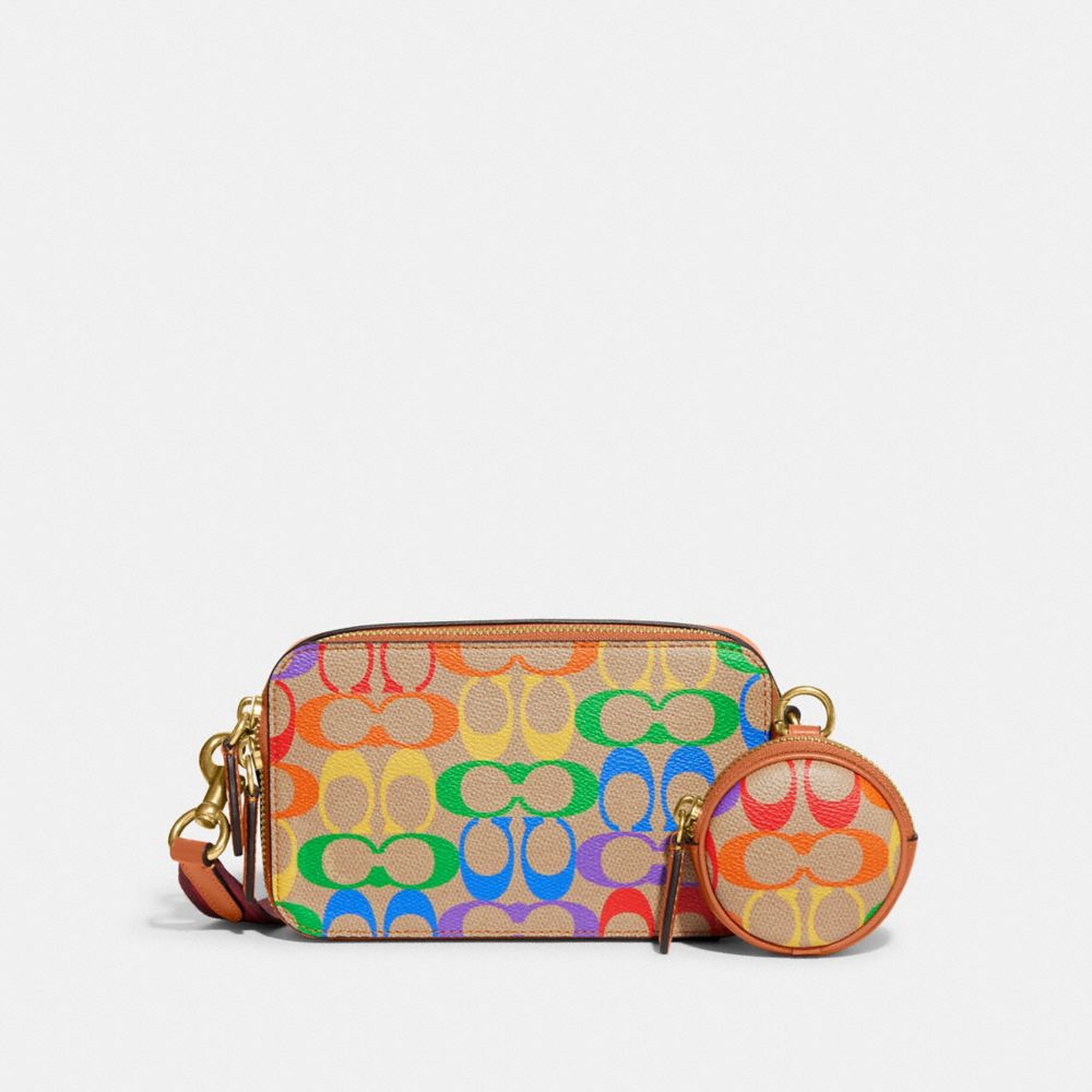COACH®,CHARTER SLIM CROSSBODY IN RAINBOW SIGNATURE CANVAS,Signature Coated Canvas,Mini,Rainbow Signature,Front View image number 0