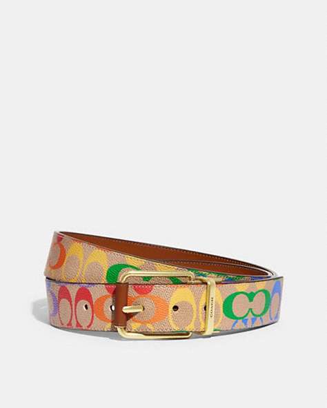 COACH®,ROLLER BUCKLE CUT-TO-SIZE REVERSIBLE BELT IN RAINBOW SIGNATURE CANVAS, 38MM,Signature Coated Canvas,Rainbow Signature,Front View
