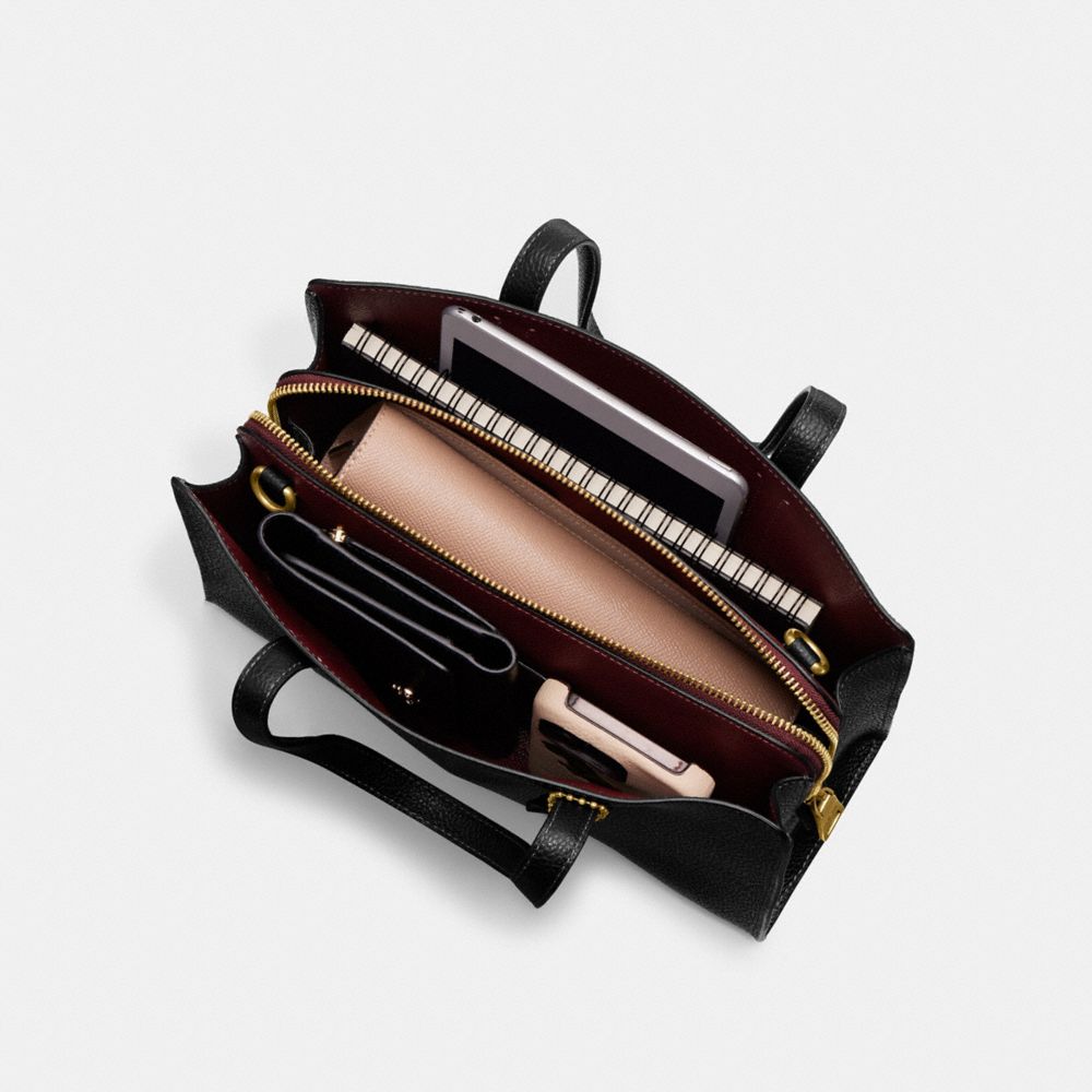 COACH®,Carter Carryall Bag 28,Leather,Satchel,Logo,Metal,Gusset,Gold Metal,Work,Black,Inside View, Top View