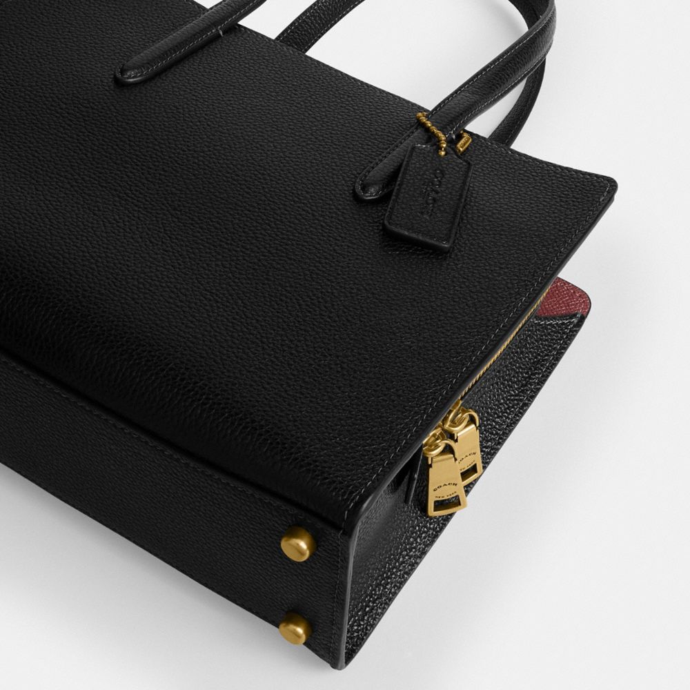COACH®,Carter Carryall Bag 28,Leather,Satchel,Metal,Embossed,Logo,Adjustable,Gold Metal,Work,Black,Outsole View