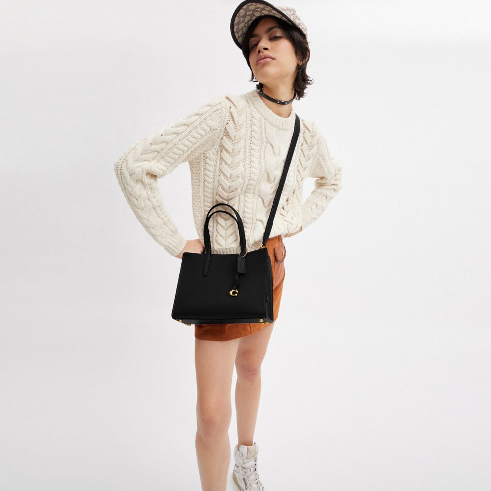 COACH®,Carter Carryall Bag 28,Leather,Satchel,Logo,Metal,Gusset,Gold Metal,Work,Black,Detail View
