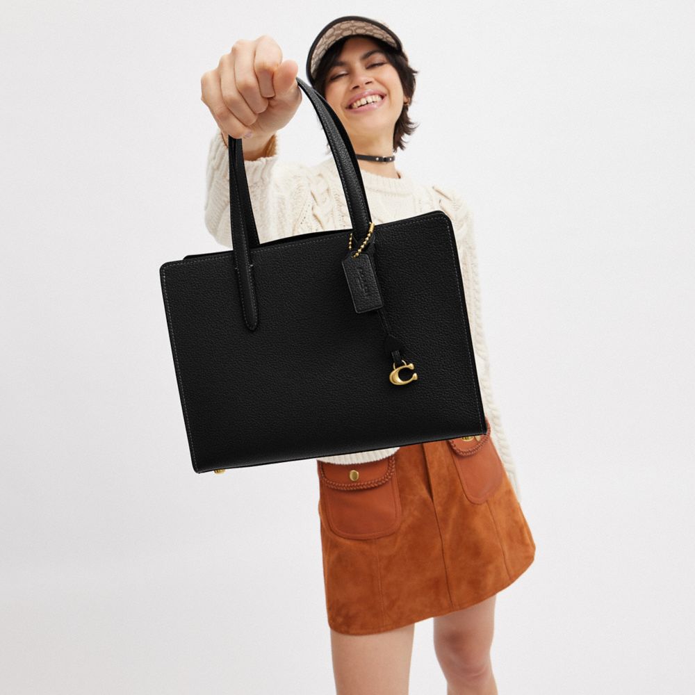 COACH®,Carter Carryall Bag 28,Leather,Satchel,Logo,Metal,Gusset,Gold Metal,Work,Black,Detail View