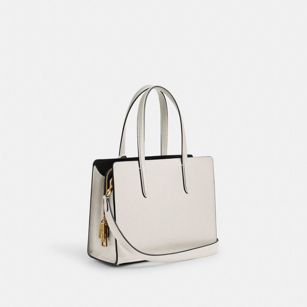 COACH®,Carter Carryall Bag 28,Leather,Satchel,Metal,Embossed,Logo,Adjustable,Gold Metal,Work,White,Angle View