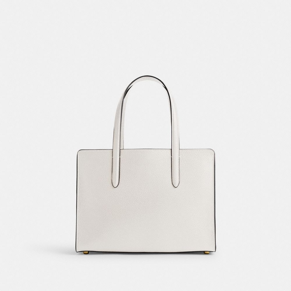 COACH®,Carter Carryall Bag 28,Leather,Satchel,Metal,Embossed,Logo,Adjustable,Gold Metal,Work,White,Back View
