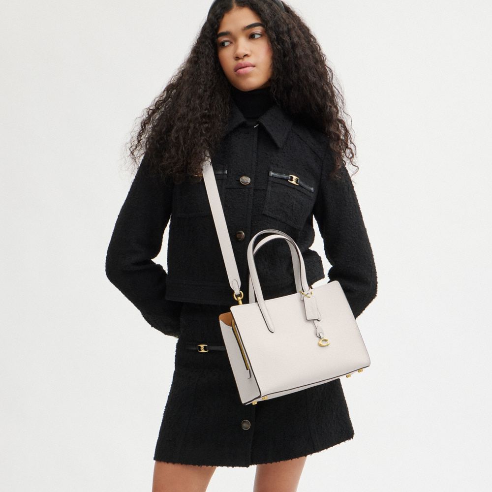 COACH®,Carter Carryall Bag 28,Leather,Satchel,Metal,Embossed,Logo,Adjustable,Gold Metal,Work,White,Detail View