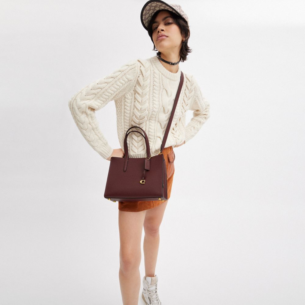 COACH®,Carter Carryall Bag 28,Leather,Satchel,Metal,Embossed,Logo,Adjustable,Gold Metal,Work,Maroon,Detail View