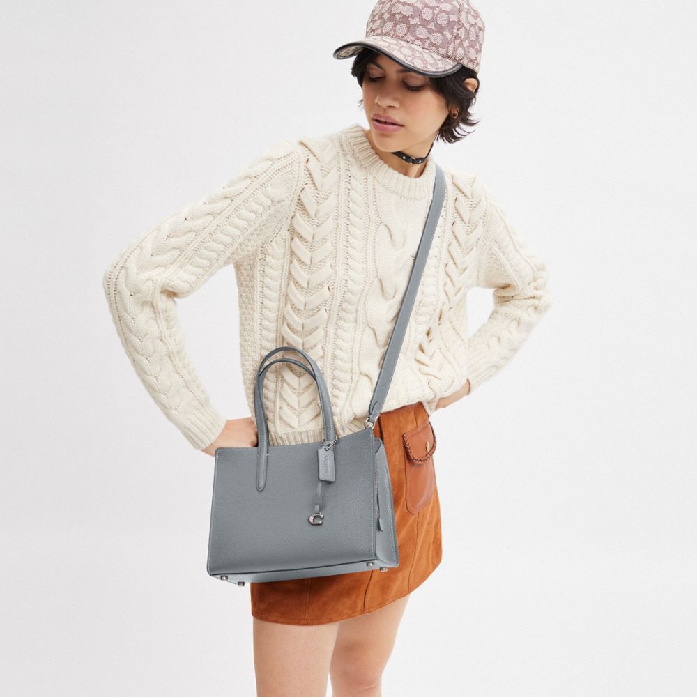 COACH®,Carter Carryall Bag 28,Leather,Satchel,Metal,Embossed,Logo,Adjustable,Gold Metal,Work,Gray,Detail View