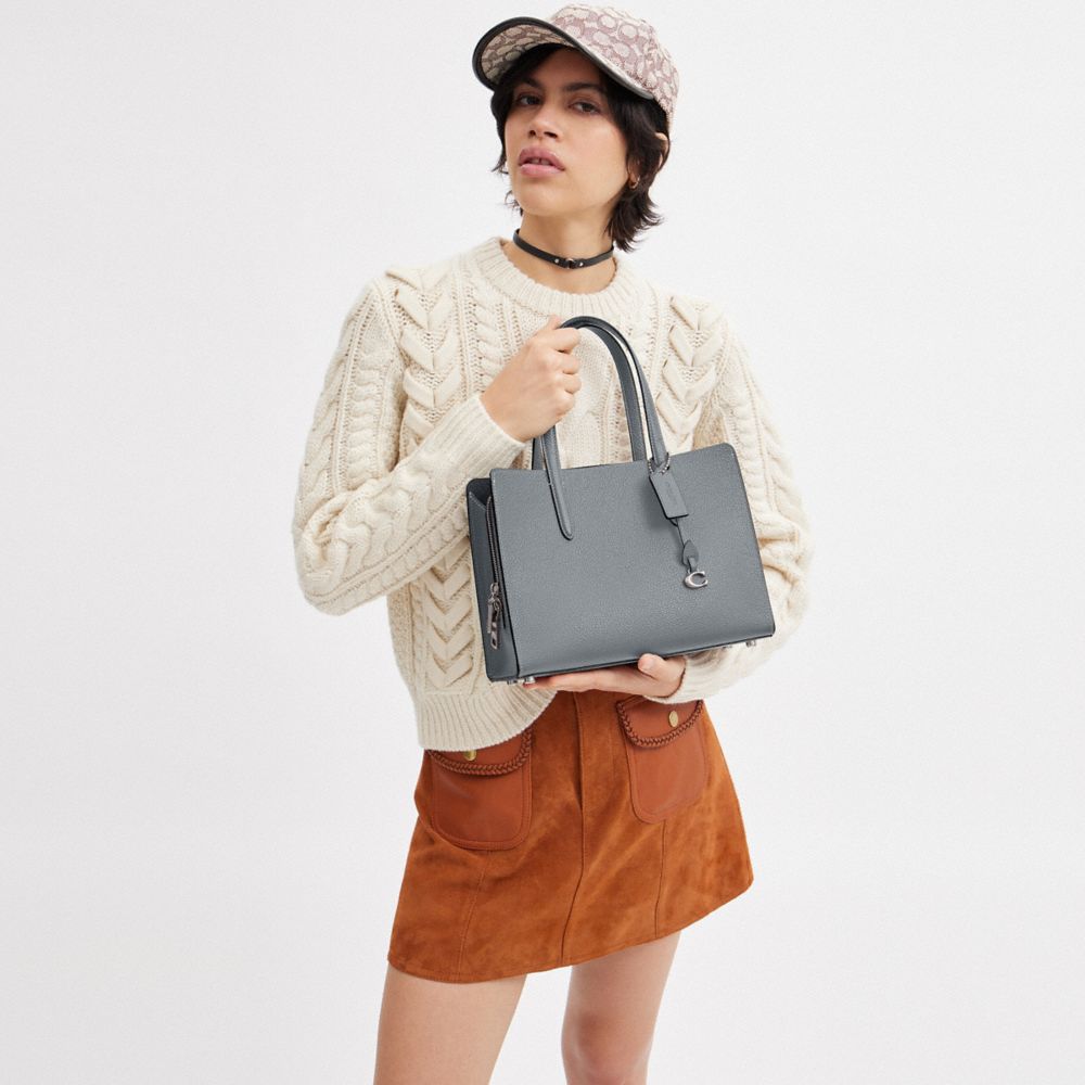 COACH®,Carter Carryall Bag 28,Leather,Satchel,Metal,Embossed,Logo,Adjustable,Gold Metal,Work,Gray,Detail View