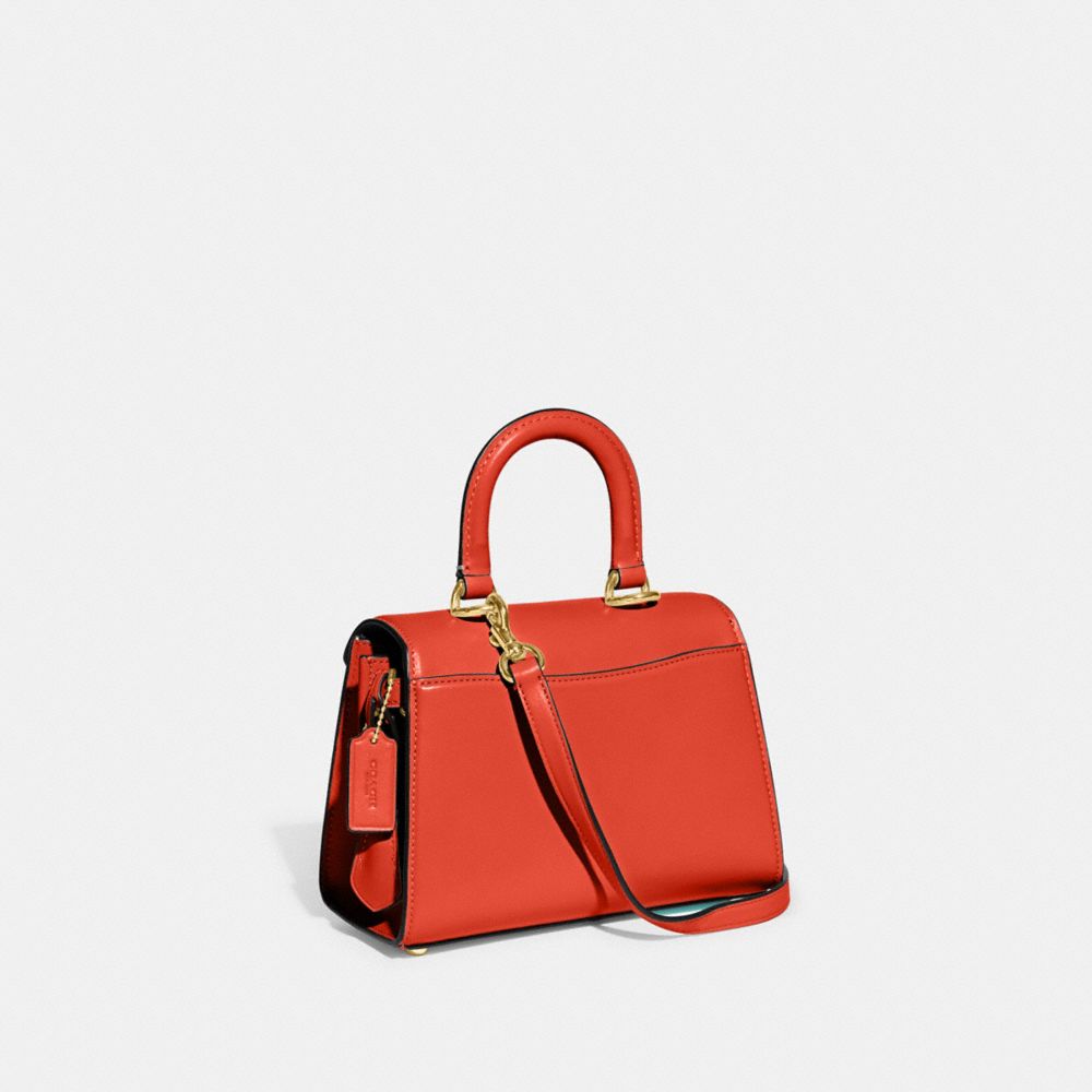 COACH®,Sammy Top Handle Bag 21,Calfskin Leather,Satchel,Logo,Metal,Silver Metal,Work,Day Party,Red,Angle View