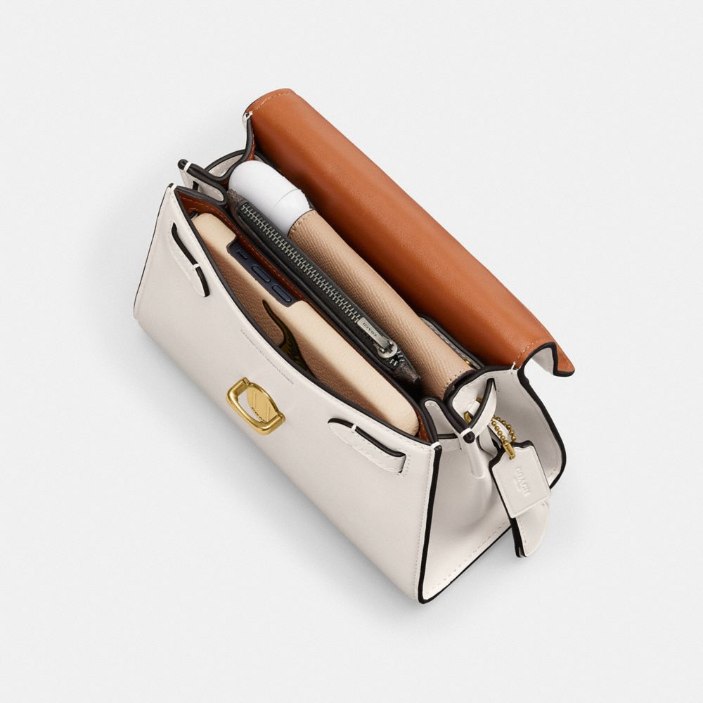 COACH®,Sammy Top Handle Bag 21,Calfskin Leather,Satchel,Logo,Metal,Silver Metal,Work,Day Party,White,Inside View,Top View