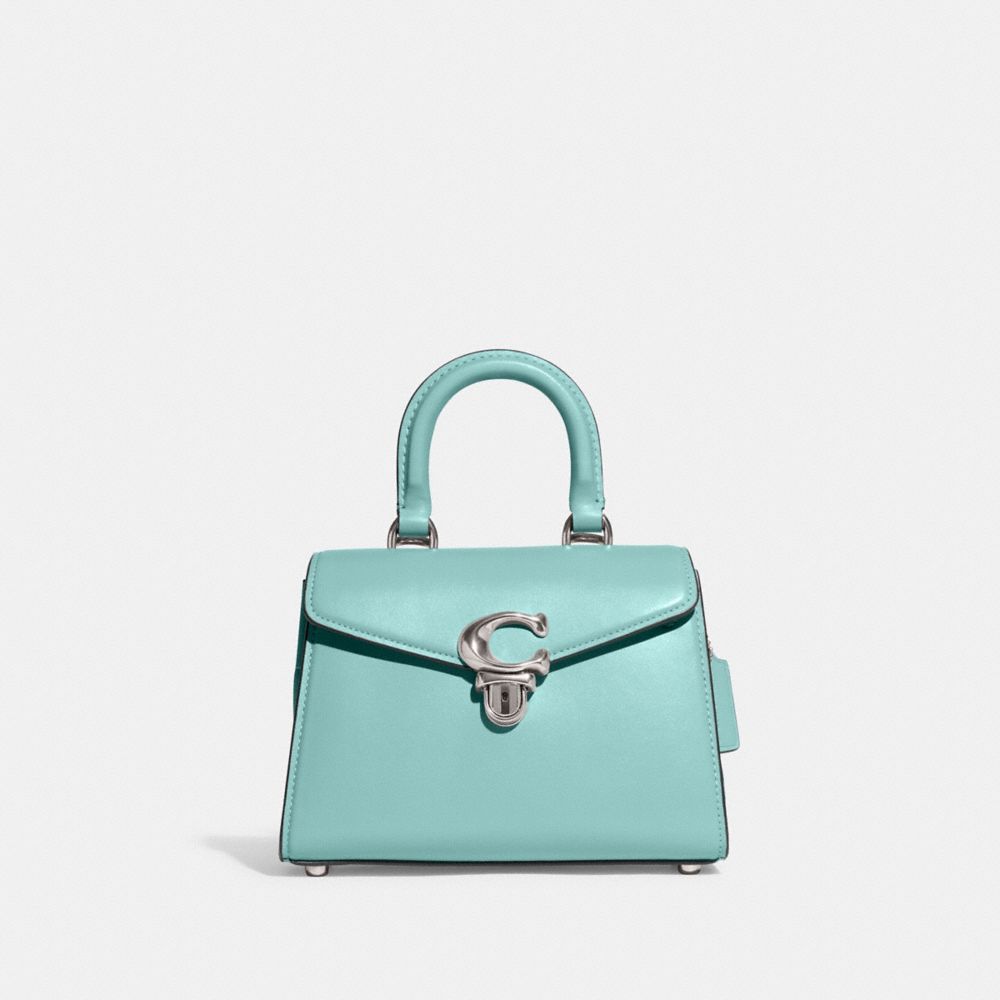 COACH®,Sammy Top Handle Bag 21,Calfskin Leather,Satchel,Logo,Metal,Silver Metal,Work,Day Party,Turquoise,Front View