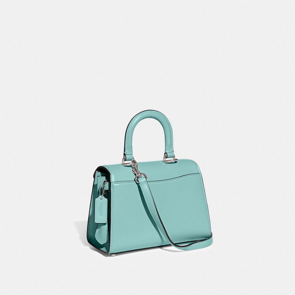 COACH®,Sammy Top Handle Bag 21,Calfskin Leather,Satchel,Logo,Metal,Silver Metal,Work,Day Party,Turquoise,Angle View