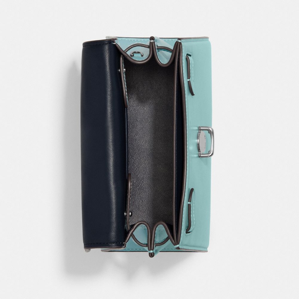 COACH®,Sammy Top Handle Bag 21,Calfskin Leather,Satchel,Logo,Metal,Silver Metal,Work,Day Party,Turquoise,Inside View,Top View