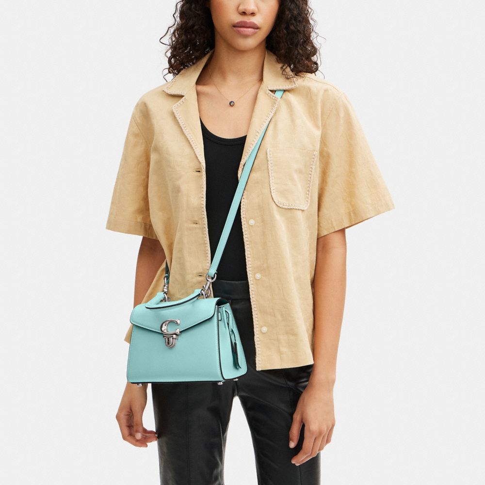 COACH®,Sammy Top Handle Bag 21,Calfskin Leather,Satchel,Logo,Metal,Silver Metal,Work,Day Party,Turquoise,Detail View