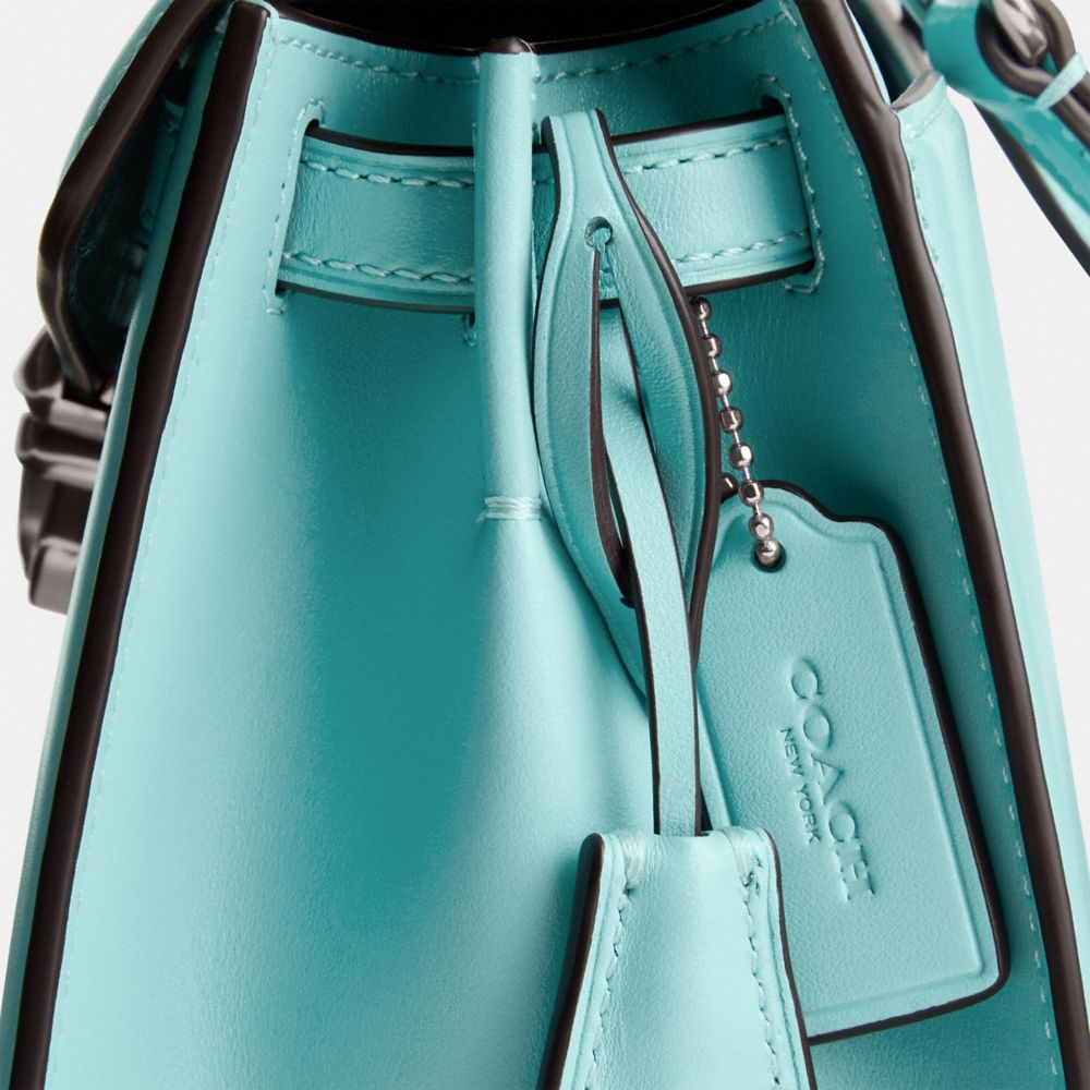 COACH®,Sammy Top Handle Bag 21,Calfskin Leather,Satchel,Logo,Metal,Silver Metal,Work,Day Party,Turquoise,Closer View