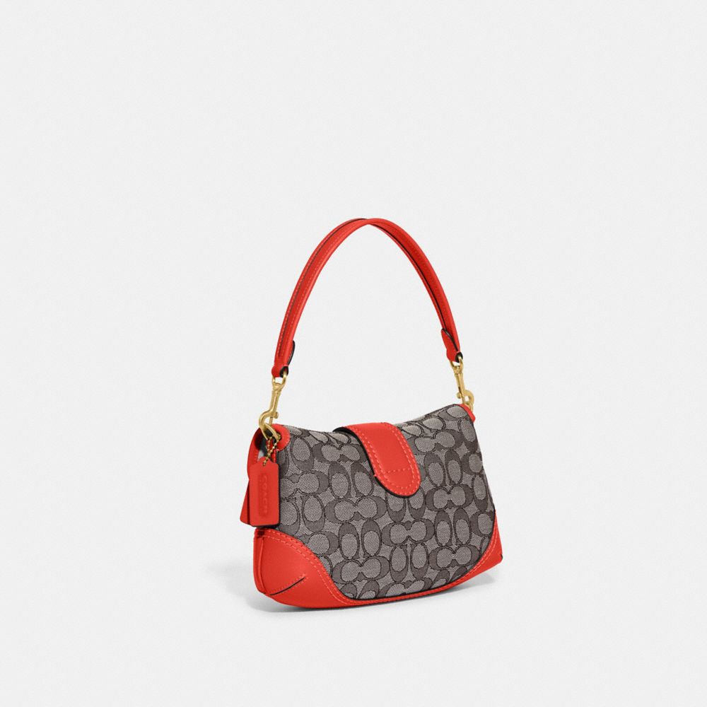 COACH®,Soho Flap Bag In Signature Jacquard,Recycled Polyester,Leather,Canvas,Cotton,Shoulder Bag,Piping,Color Block,Gold M...,,Angle View